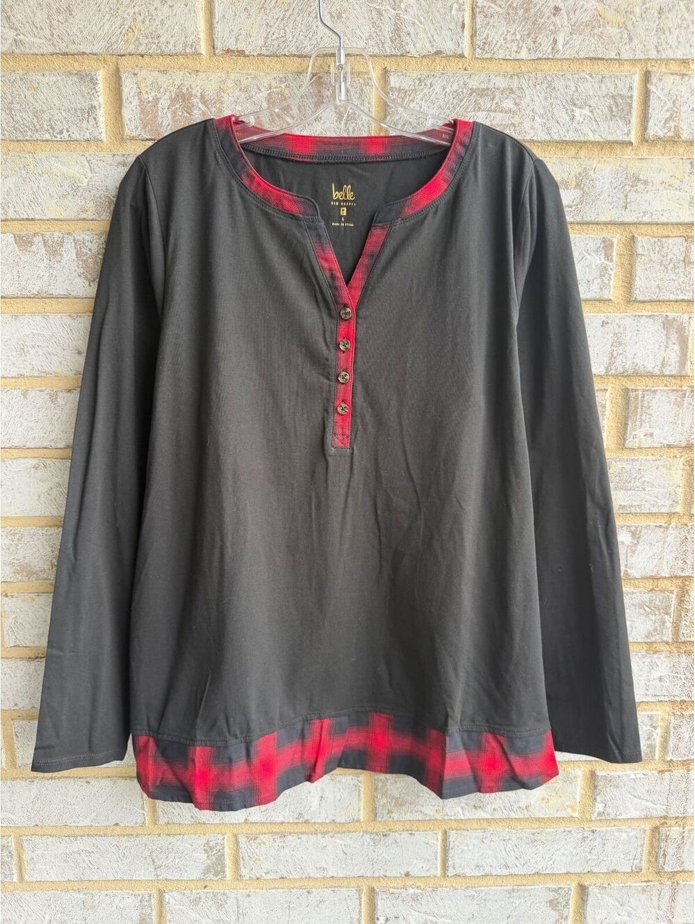 Belle by Kim Gravel Henley Neck Plaid Buffalo Trim Black Shirt Women's Size L